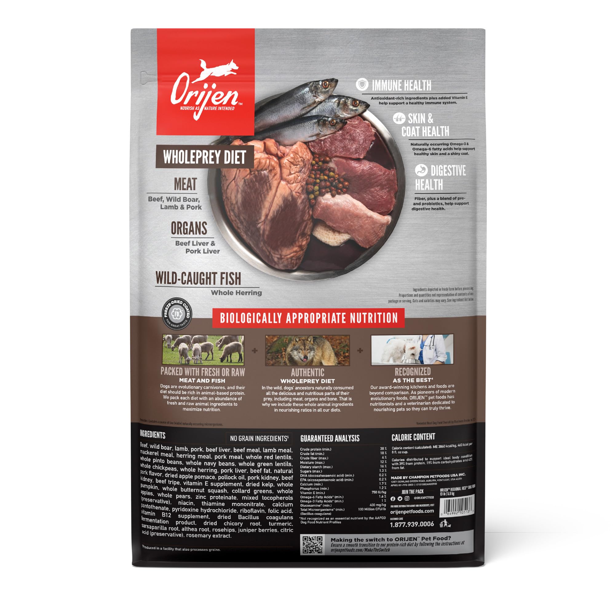 ORIJEN gros plan kibble montrant texture et bénéfice appétence élevée