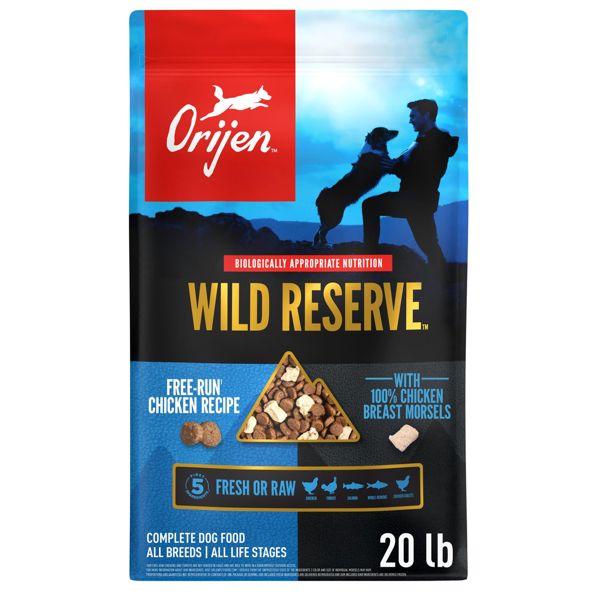ORIJEN sachet devant mettant en valeur recette Poulet Free-Run et qualité