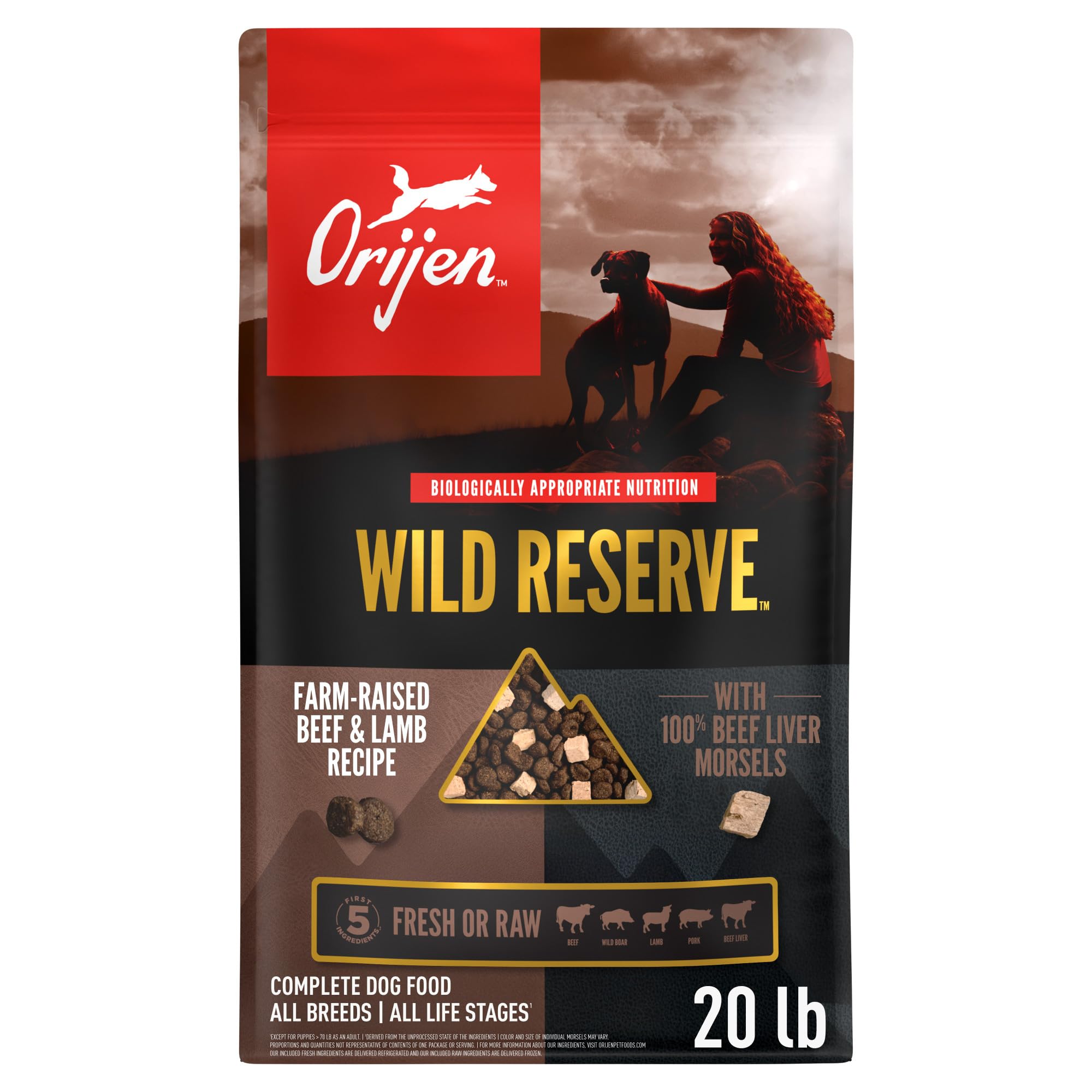 ORIJEN sac face 20lb montrant la recette et bénéfice nutritionnel