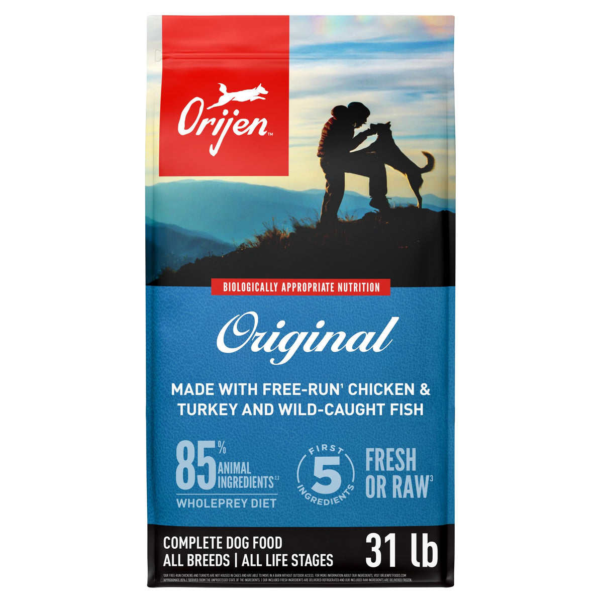ORIJEN sac 31 lb visible à l'avant, qualité riche en protéines