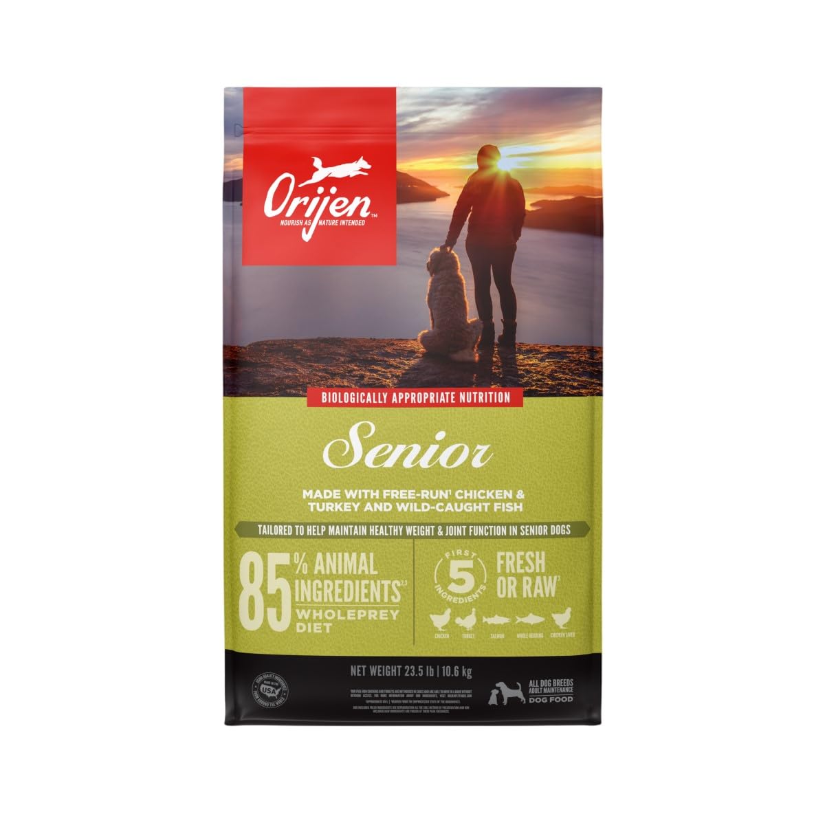 ORIJEN sac senior 23,5 lb montrant l'emballage et informations clés