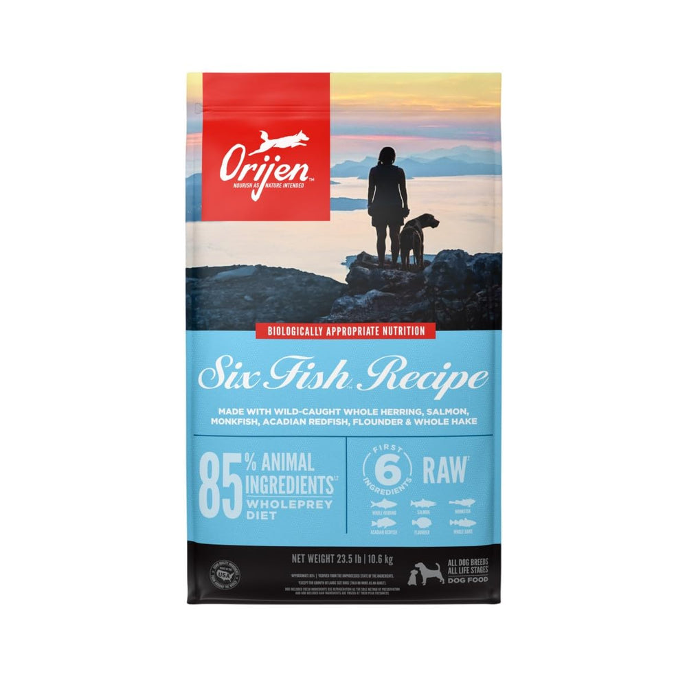 ORIJEN sac Six Fish 23,5 lb montrant l'emballage et l'identité de la recette bénéfice nutrition
