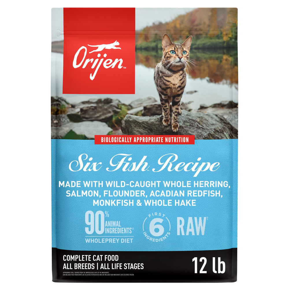 ORIJEN sac Six Fish visible en avant-plan montrant le packaging riche en protéines