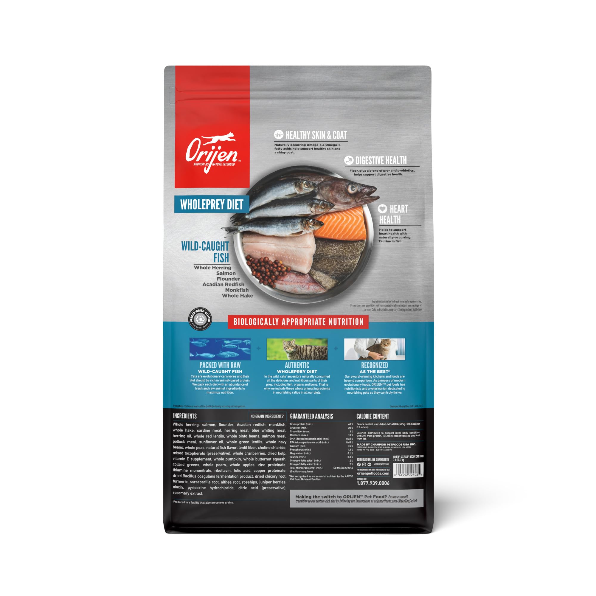 Gros plan des croquettes ORIJEN Six Fish montrant texture et croquant nutritif
