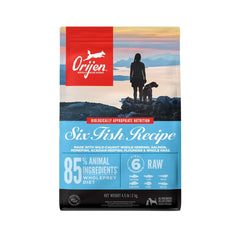 ORIJEN sachet Six Fish montrant l'emballage et la composition