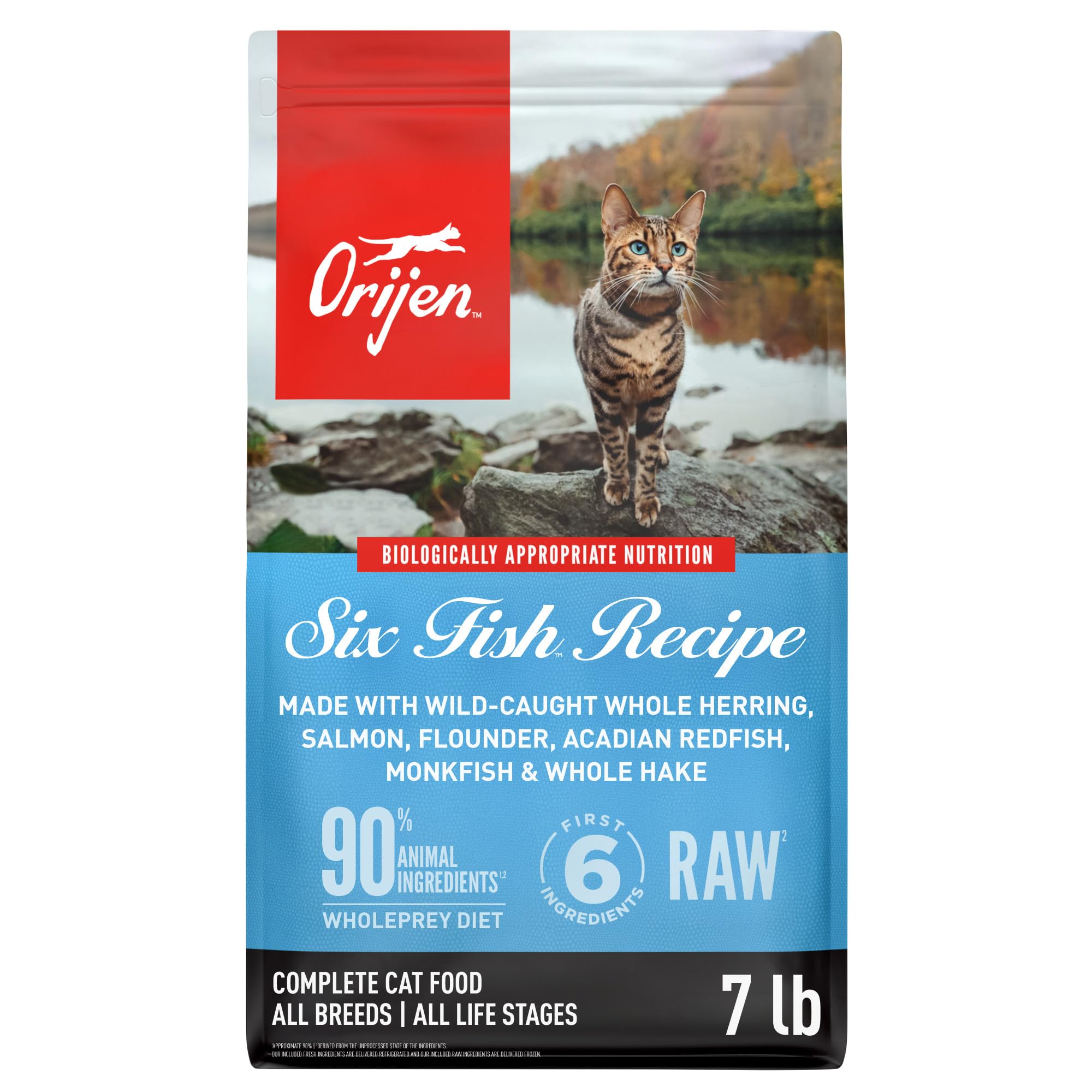 ORIJEN Six Fish face du sachet montrant la recette et bénéfice protéines élevées