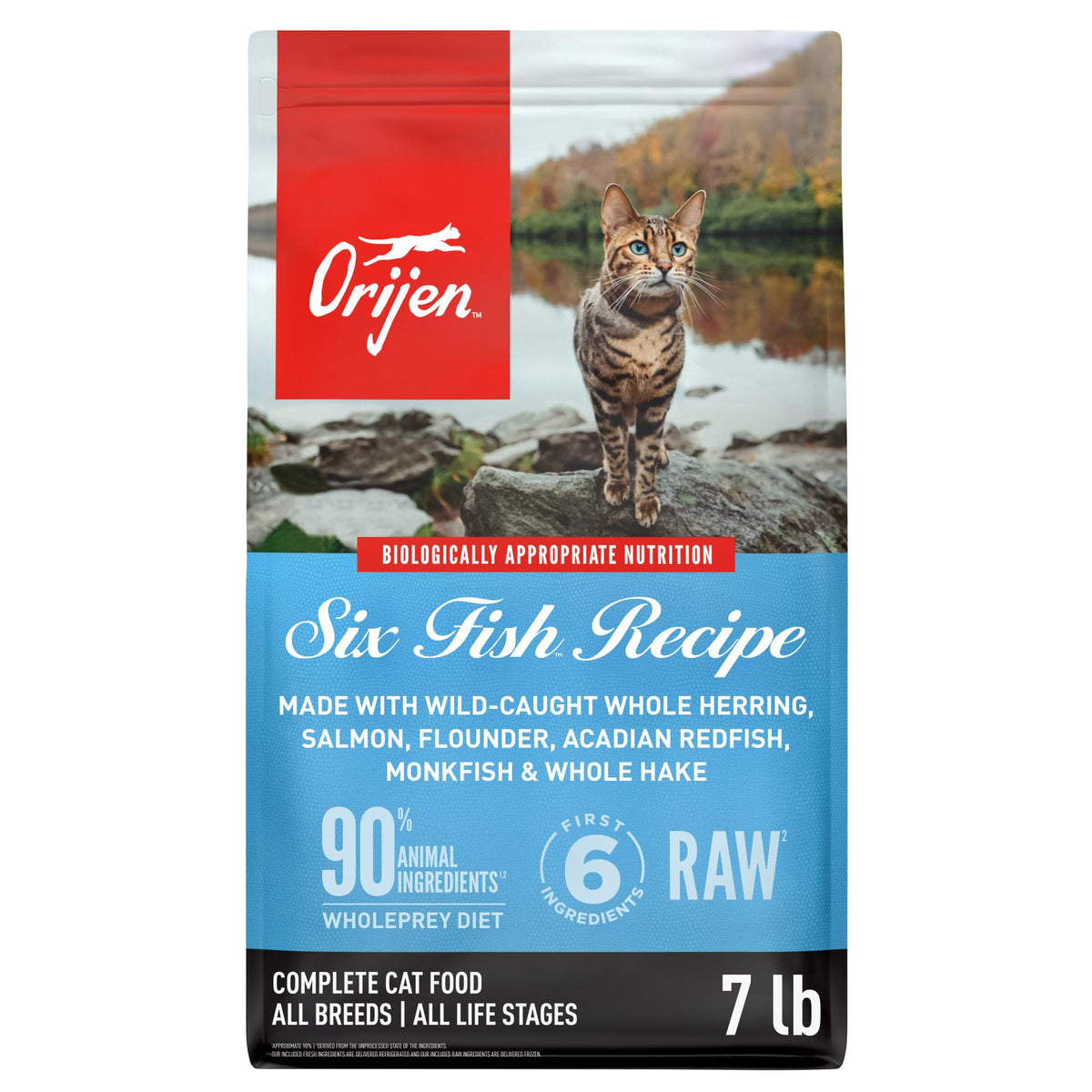 ORIJEN Six Fish face du sachet montrant la recette et bénéfice protéines élevées