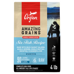 ORIJEN sac Six Fish 4 lb affiché sur fond neutre, met en valeur la marque et l'appétence