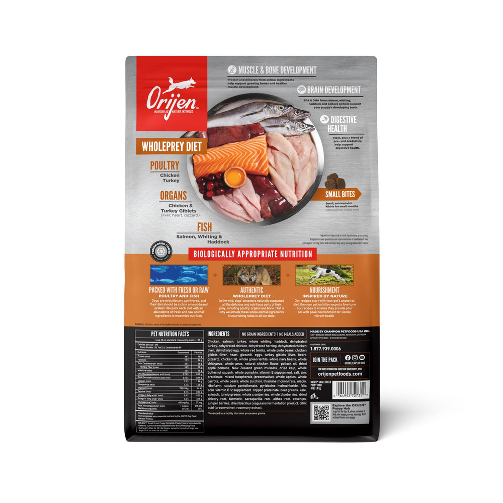 ORIJEN gros plan kibble compact illustrant taille adaptée et densité nutritive