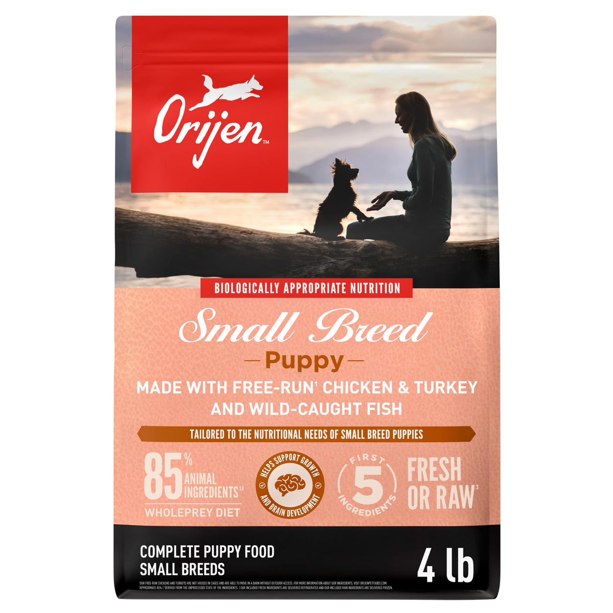 ORIJEN sac devant montrant recette pour chiots petites races et bénéfice nutritionnel