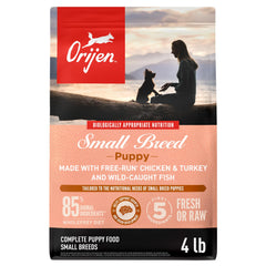 ORIJEN sac devant montrant recette pour chiots petites races et bénéfice nutritionnel