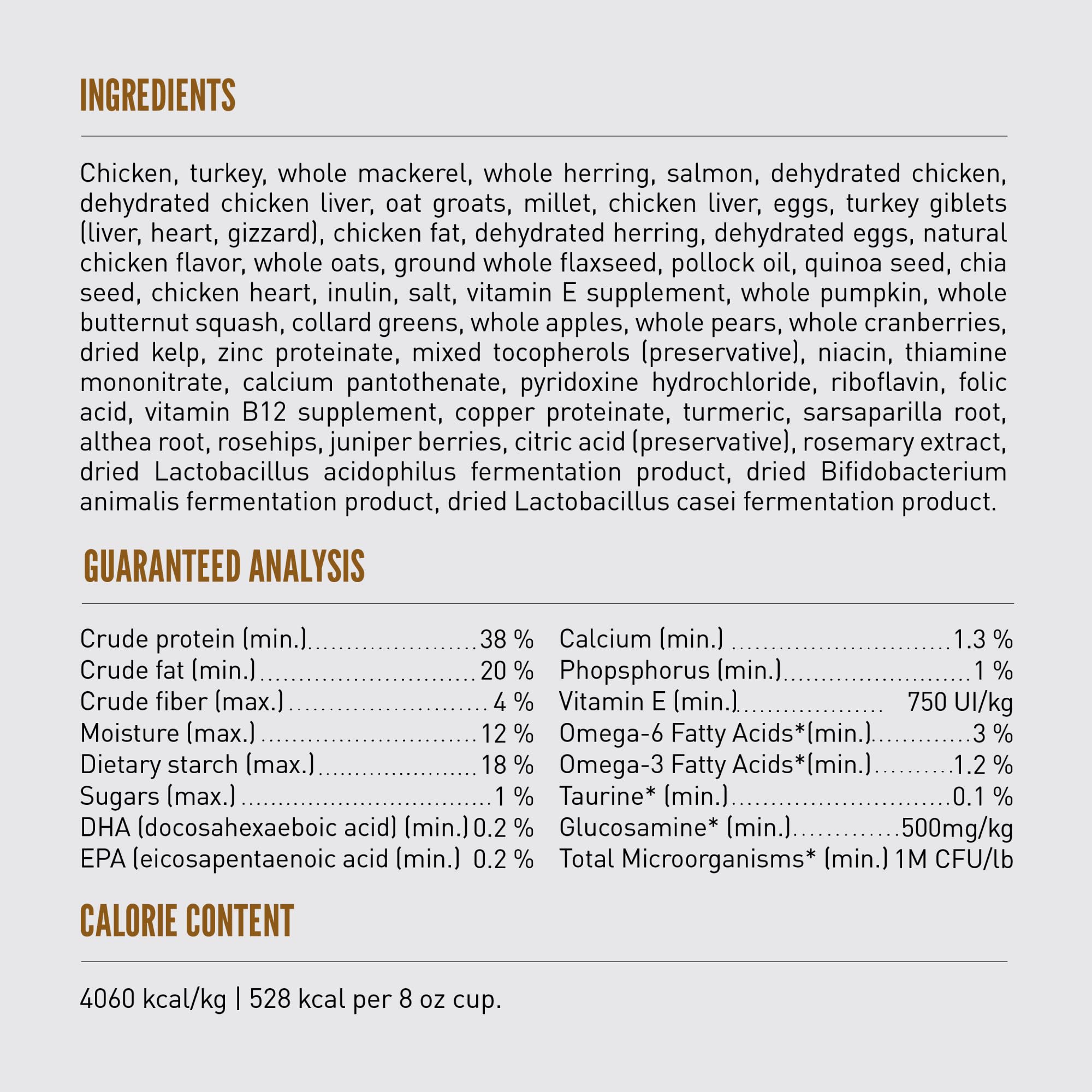 ORIJEN tableau nutritionnel et liste d'ingrédients pour transparence