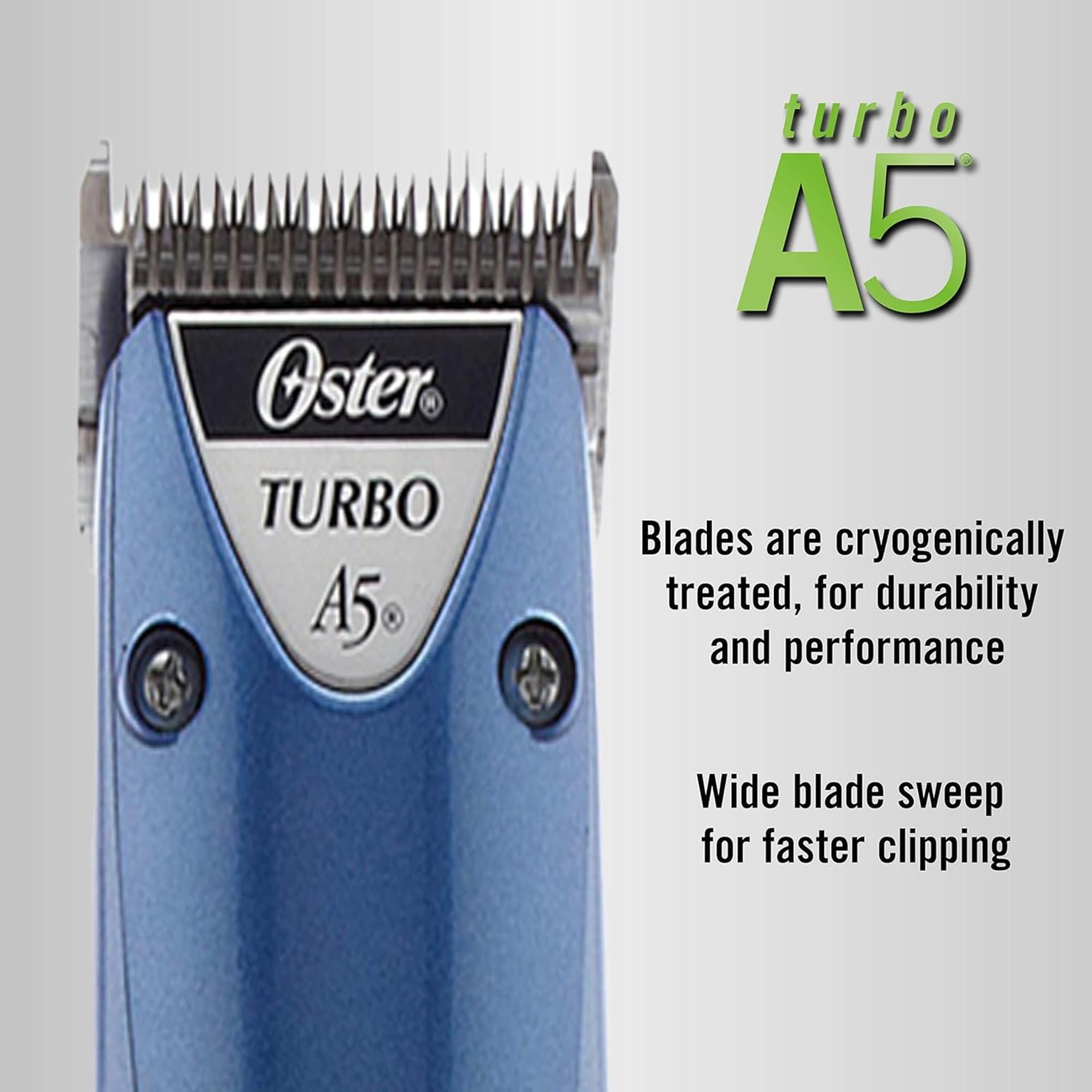 Oster A5 Turbo gros plan de la lame CryogenX montrant une coupe nette