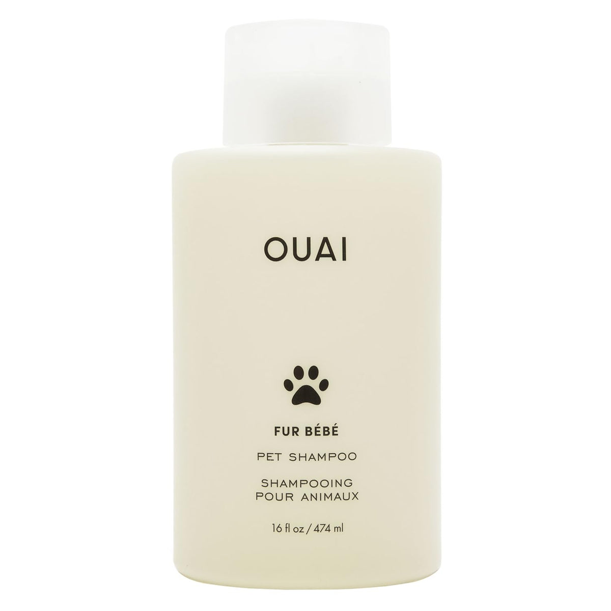 OUAI flacon avant élégant montrant format 16 Fl oz et bénéfice praticité