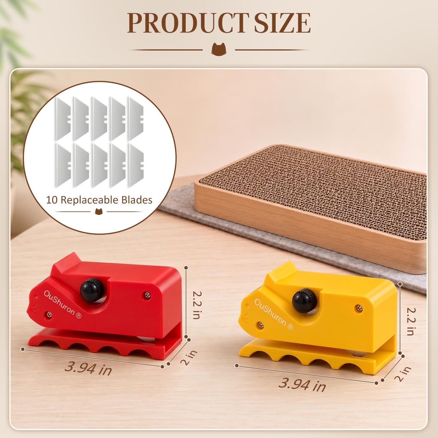 OuShuron coupe-carton lifestyle griffoir fini montrant produit recyclable stimulant chat