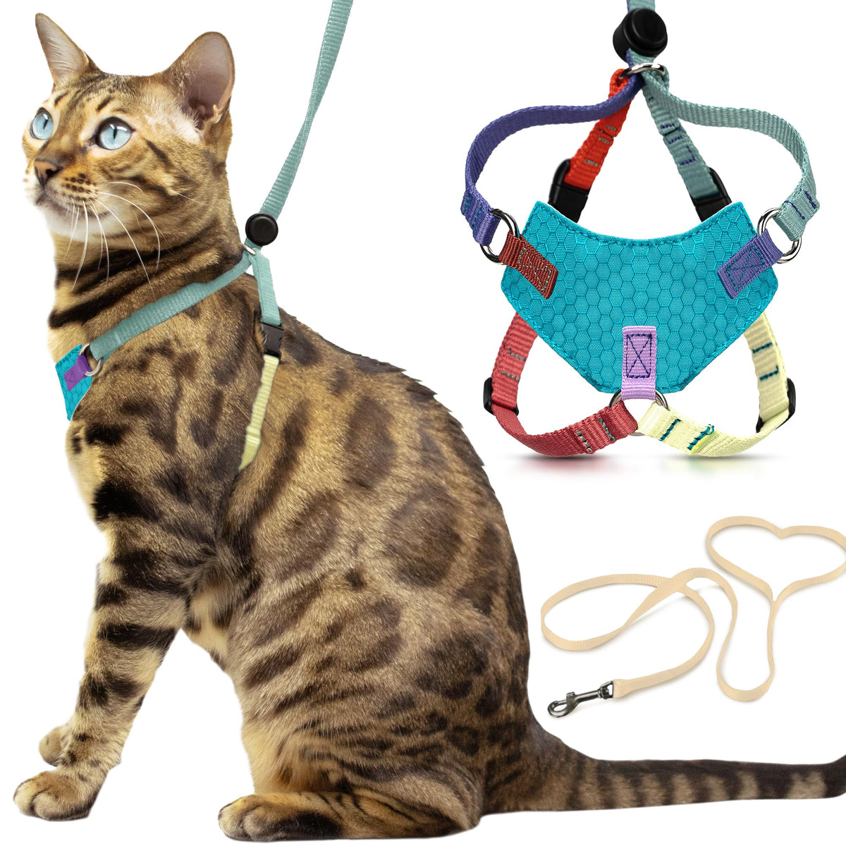 OutdoorBengal harnais multicolor vue de face montrant maintien sûr