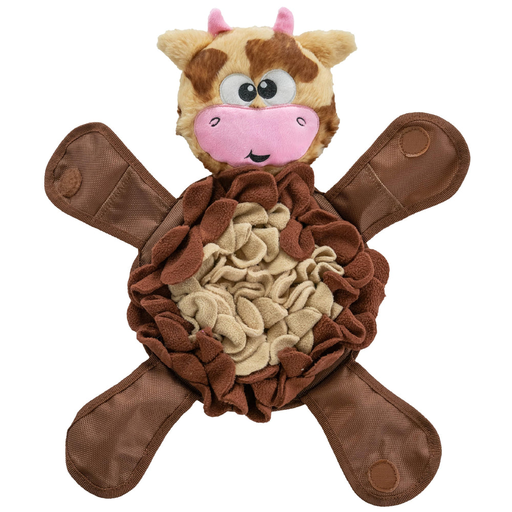 Outward Hound vue face du jouet Snuffle Palz Cow montrant design attractif