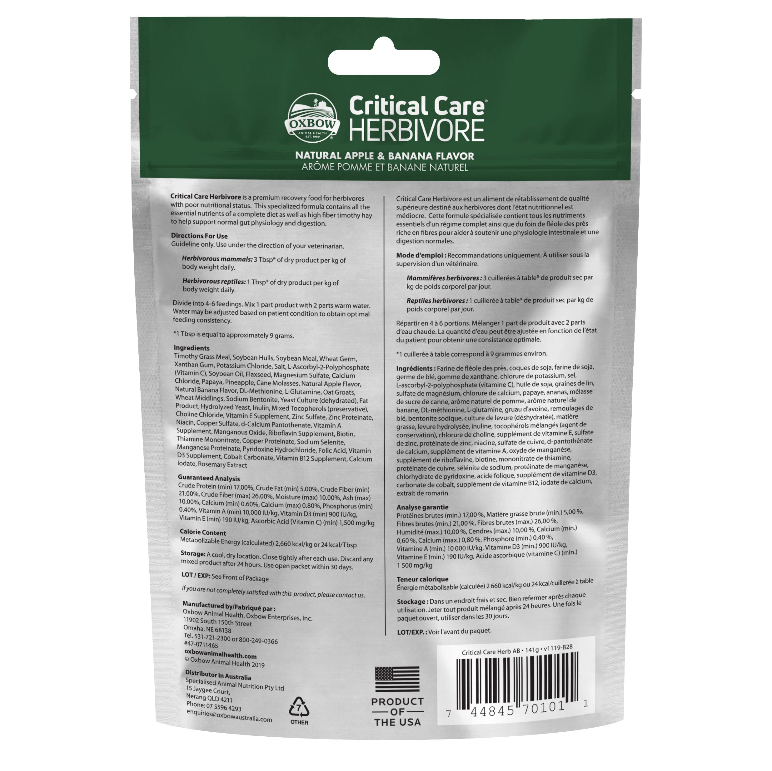 Oxbow Critical Care poudre zoom mettant en évidence la texture riche en fibres pour digestion