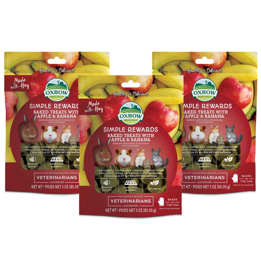Oxbow emballage face Apple & Banana montrant paquet pratique et ingrédients naturels