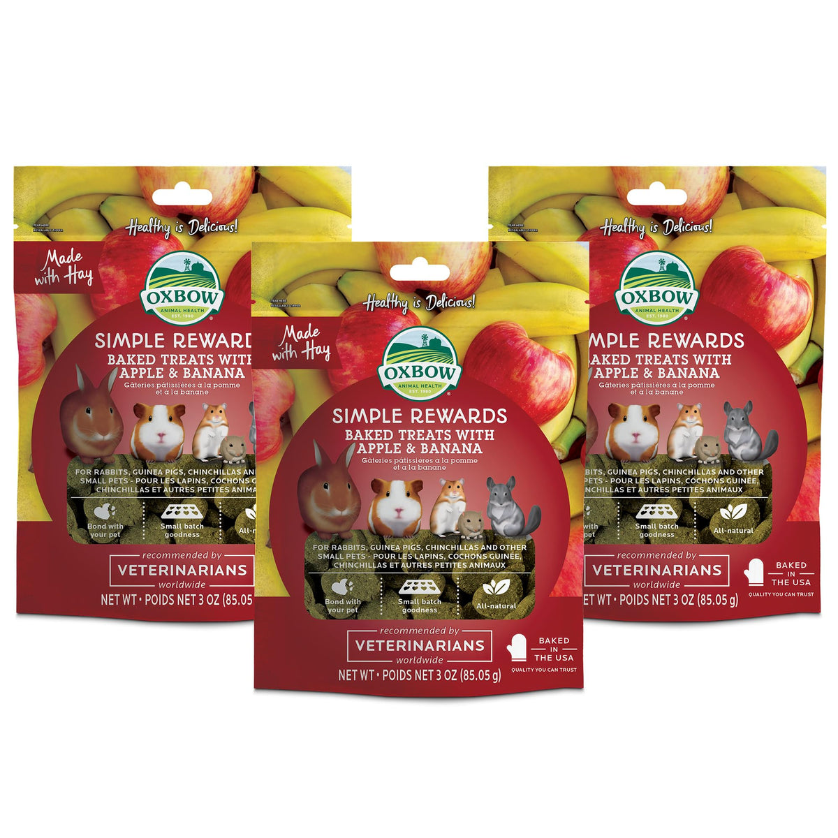 Oxbow emballage face Apple & Banana montrant paquet pratique et ingrédients naturels