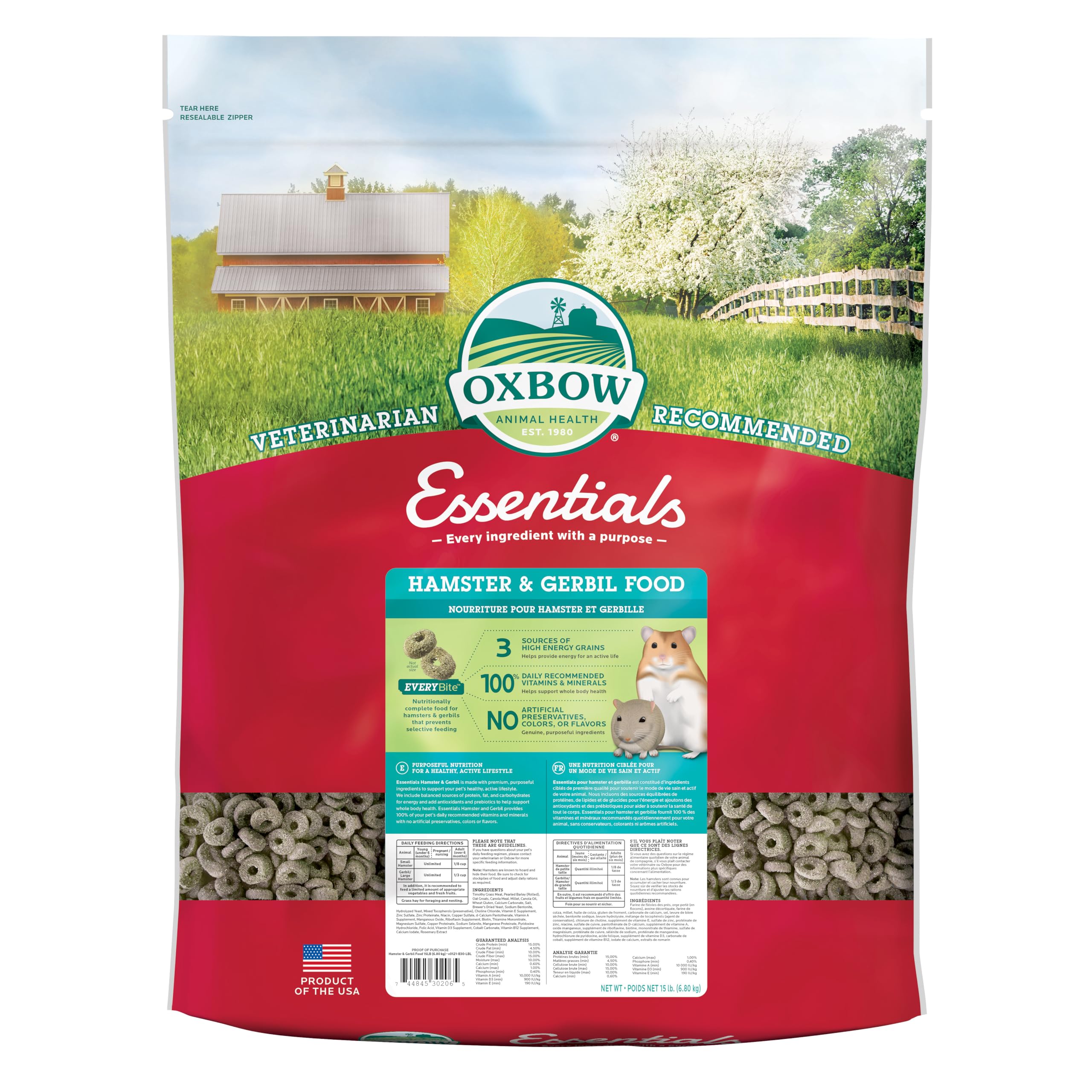 Oxbow emballage avant montrant le format 15 lb et bénéfice nutritionnel