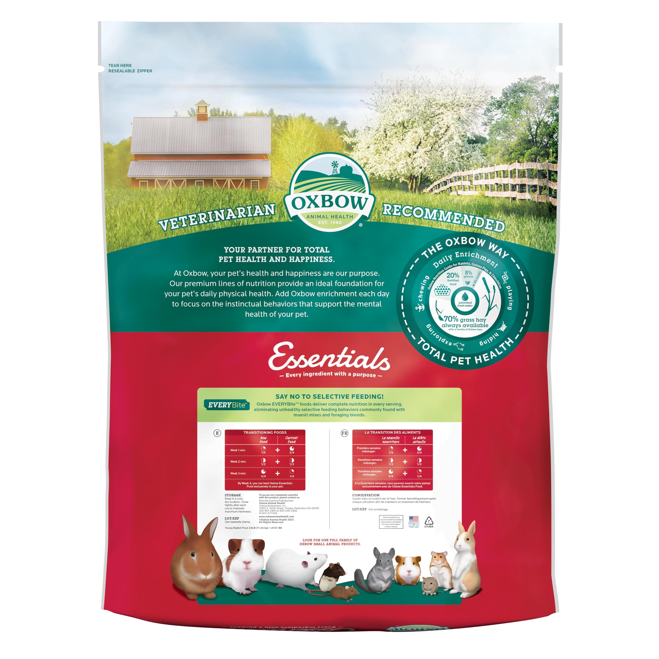 Étiquette Oxbow lisible indiquant ingrédients et informations nutritionnelles claires