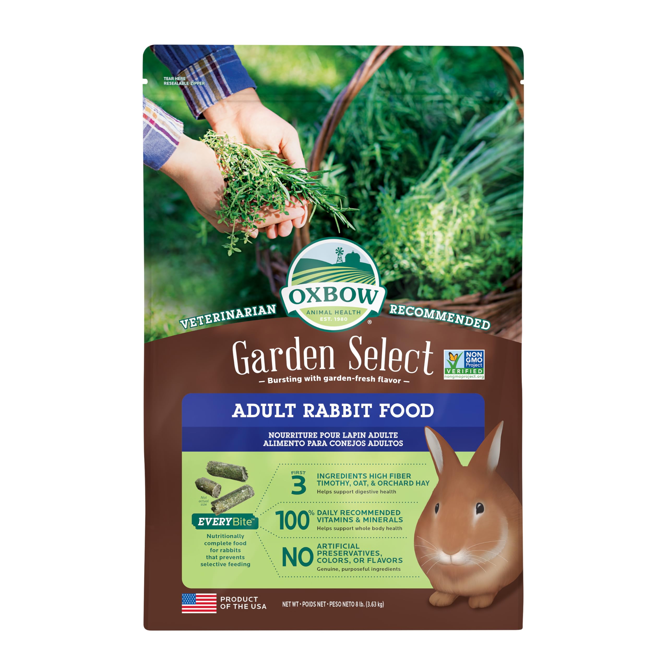 Oxbow sac Garden Select face avant montrant le format 8 lb et bénéfices nutritionnels