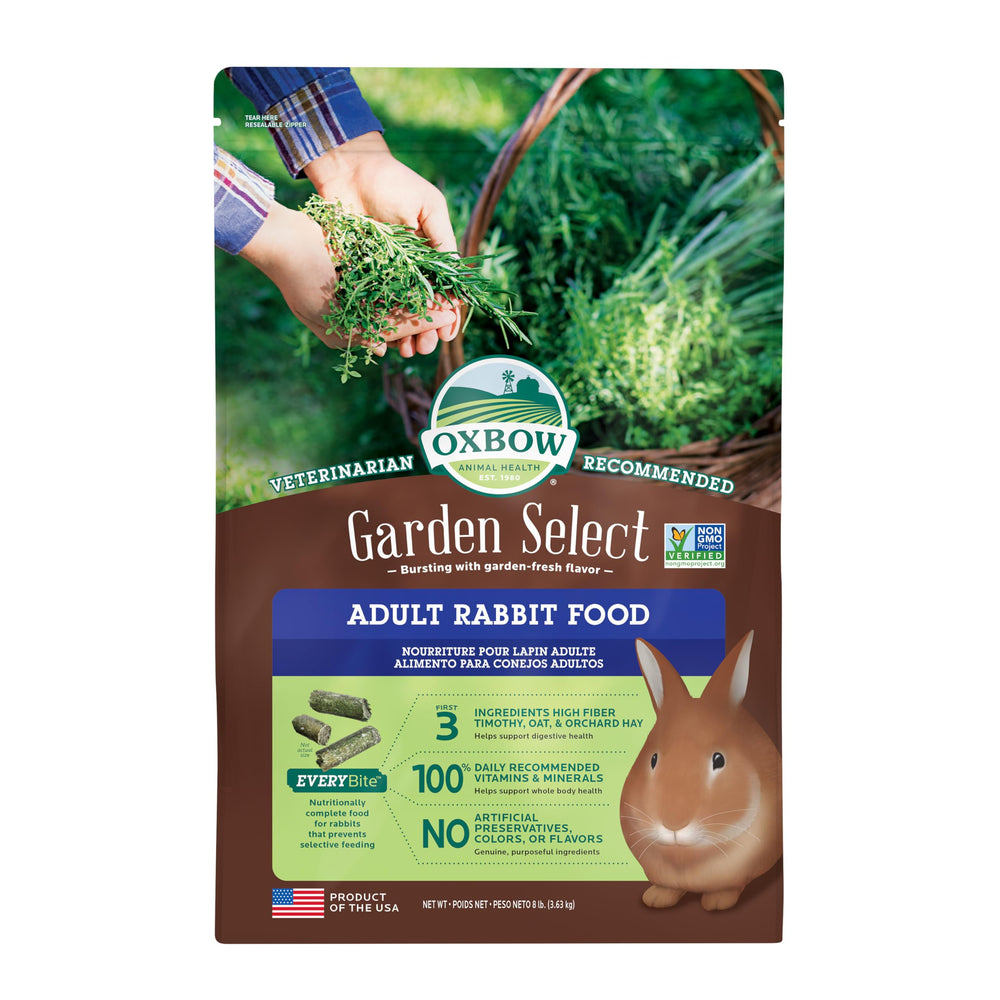 Oxbow sac Garden Select face avant montrant le format 8 lb et bénéfices nutritionnels