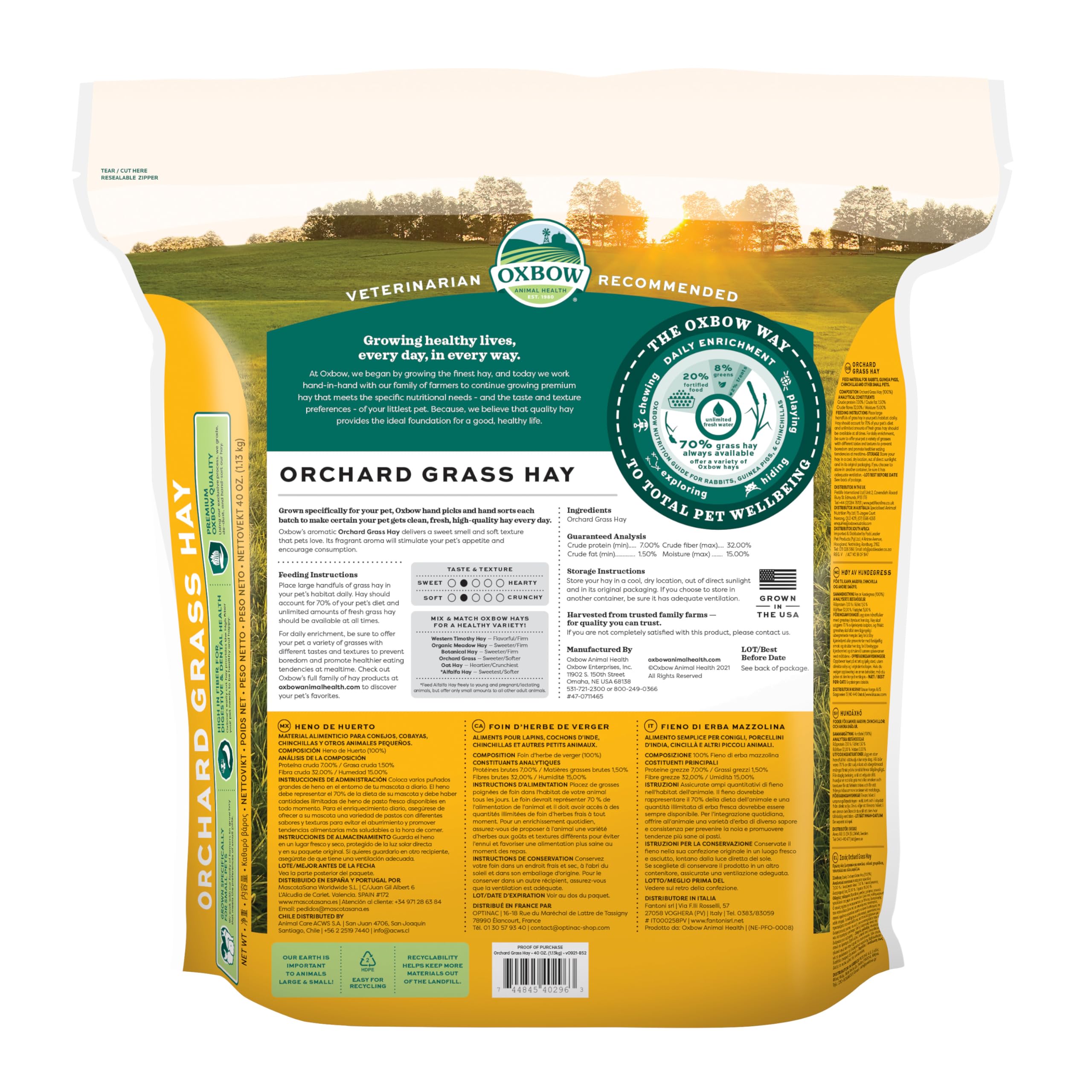 Gros plan sur les fibres du foin Oxbow Orchard pour digestion et mastication