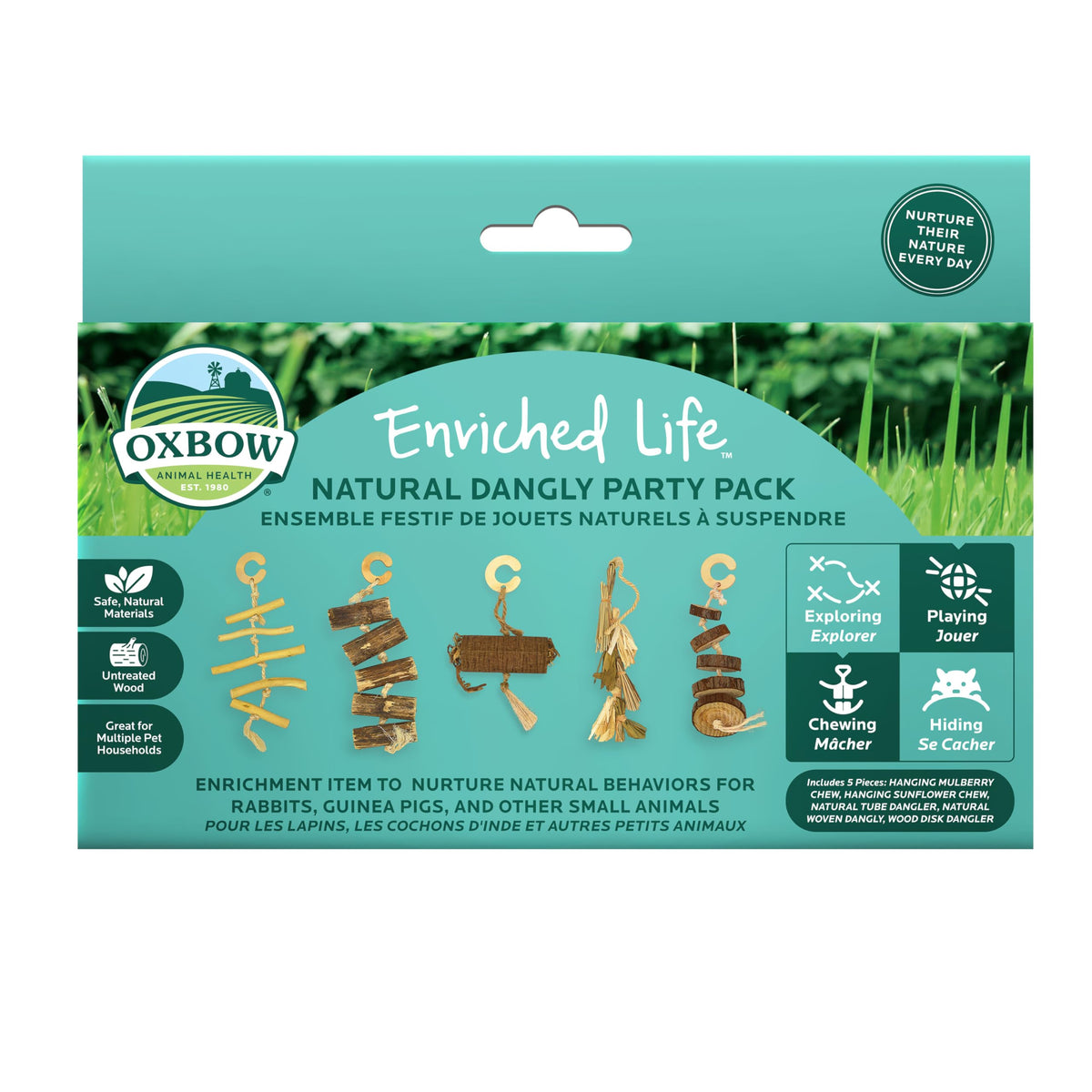 Oxbow pack face avant montrant les cinq jouets naturels pour enrichir l'habitat