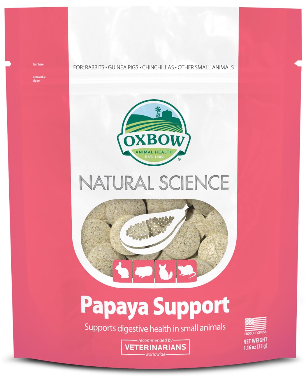Oxbow emballage avant montrant le complément digestif, rassure sur la qualité