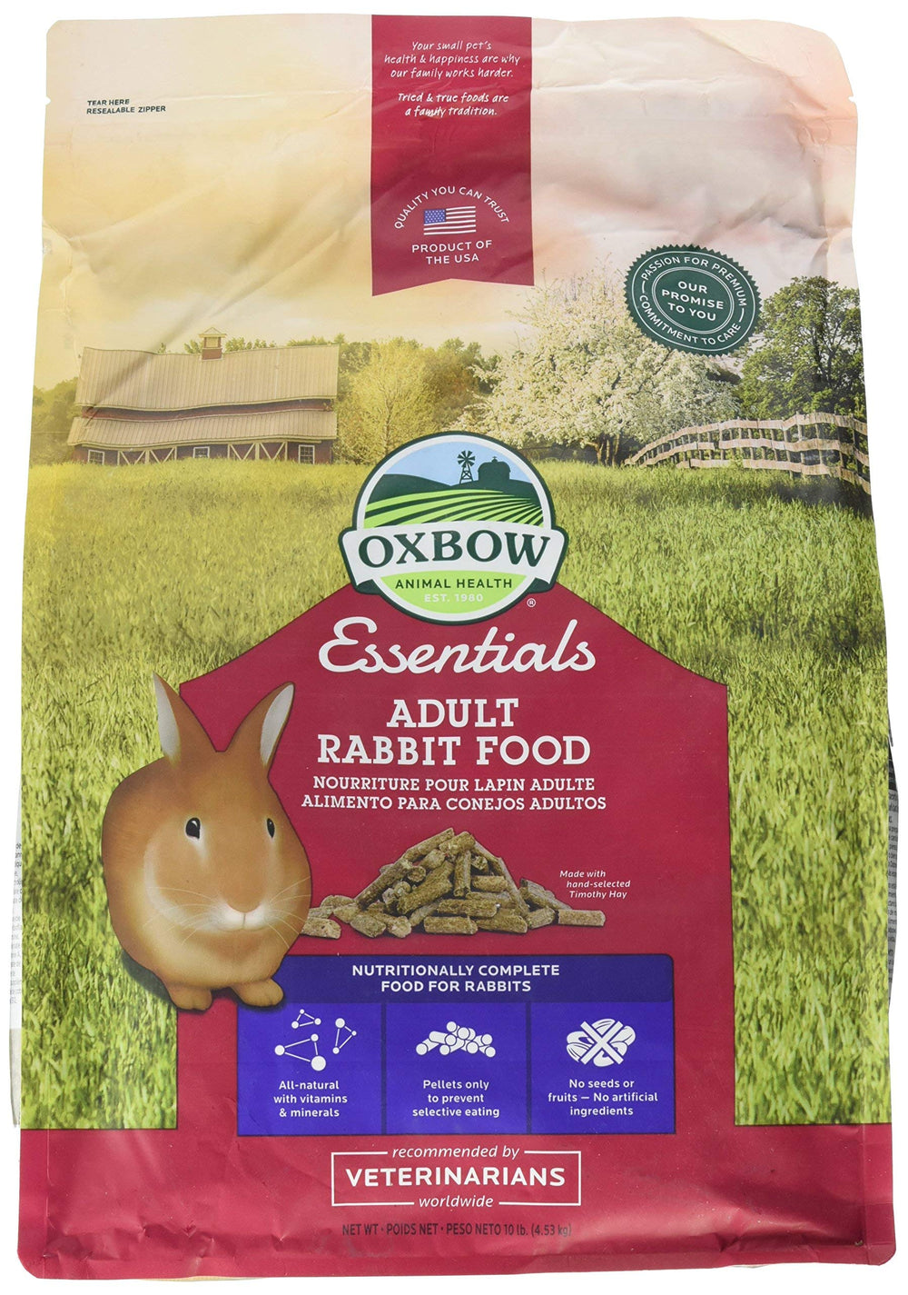 Oxbow paquet devant montrant l'étiquette et le bénéfice nutritionnel