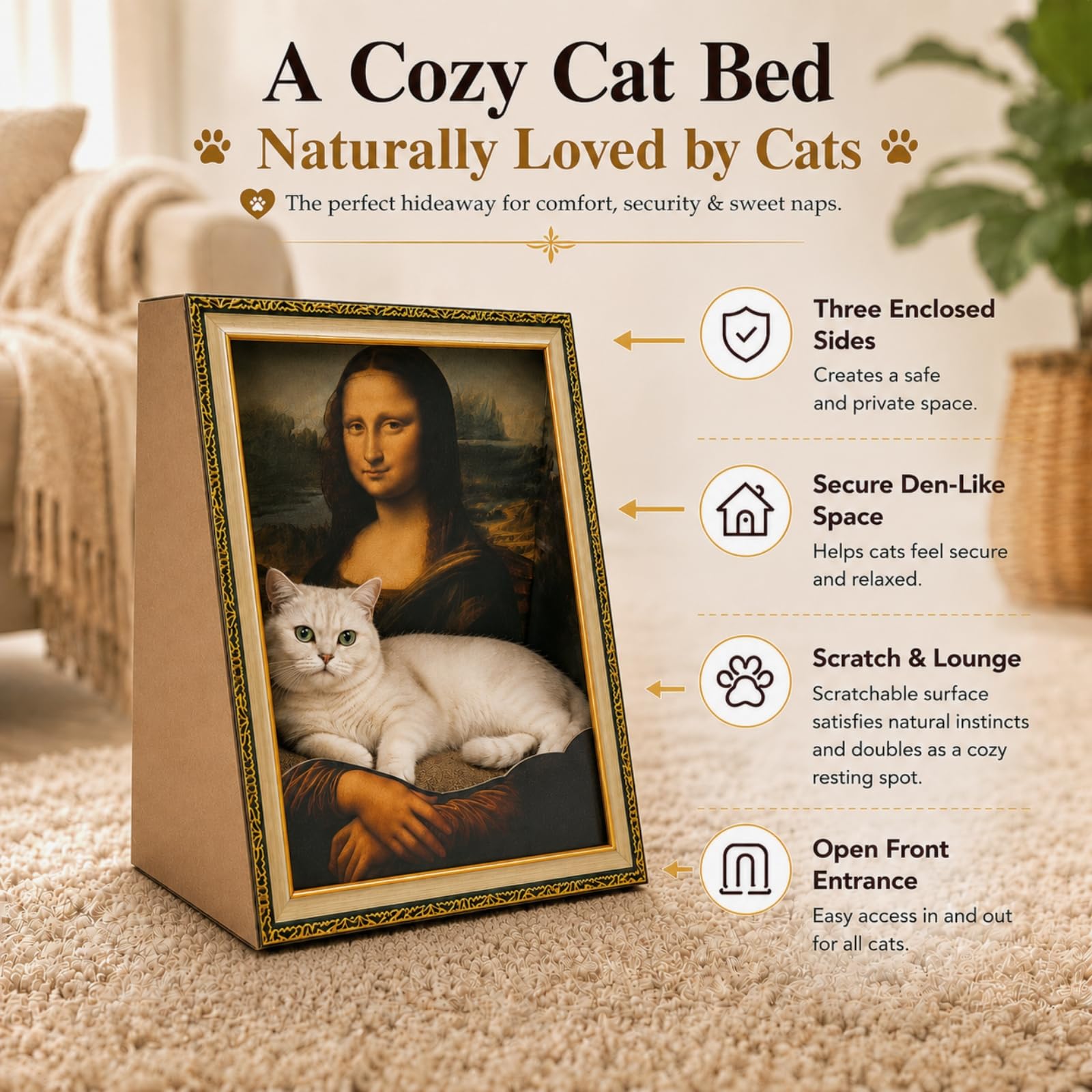 Oxfraki Mona Lisa chat installé dedans illustrant refuge sécurisé et cosy