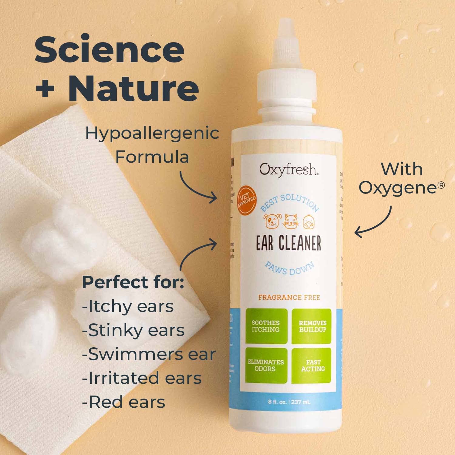 Oxyfresh application sur oreille de chien illustrant soulagement rapide et nettoyage