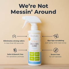 Oxyfresh spray en action sur une cage avec souris pour éliminer saletés et odeurs