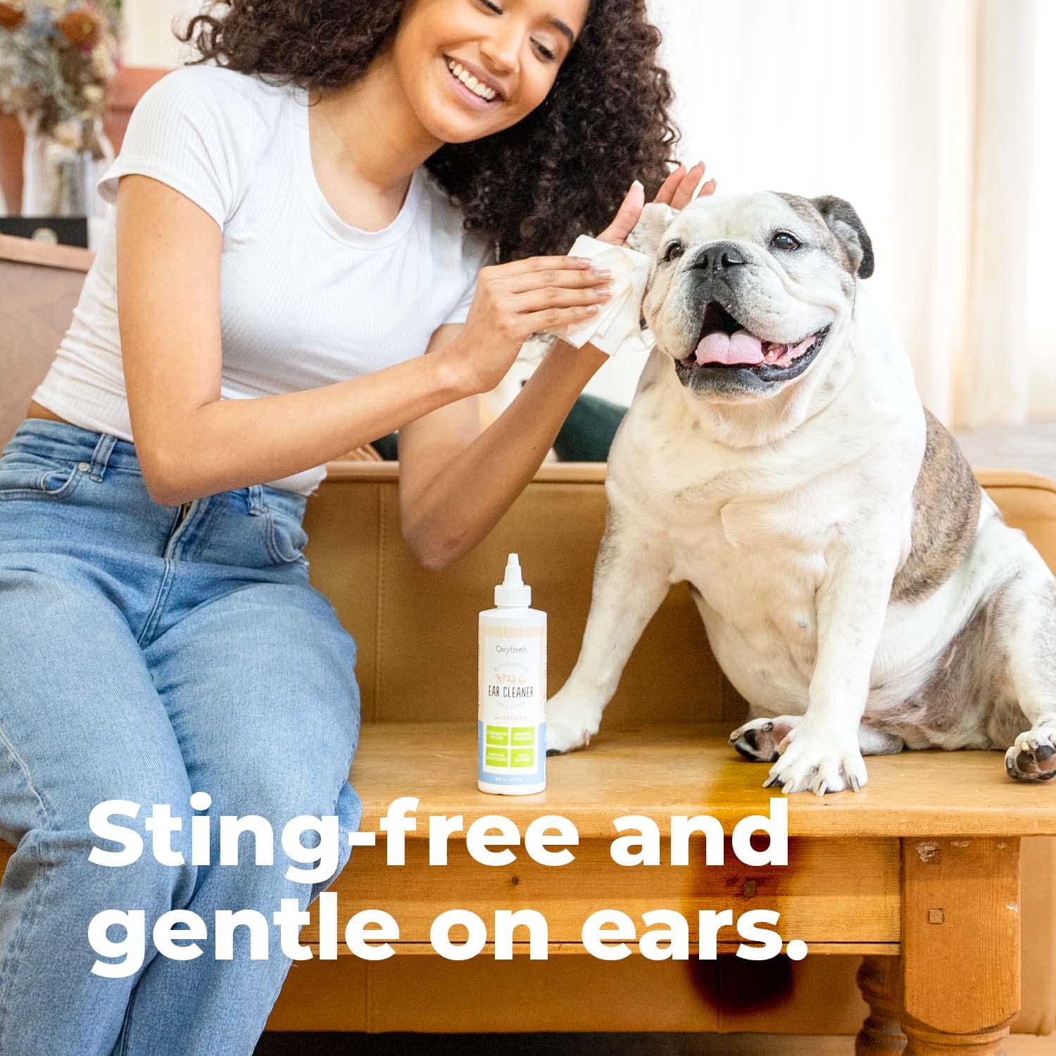 Oxyfresh utilisation sur chat en action démontrant nettoyage sans irritation