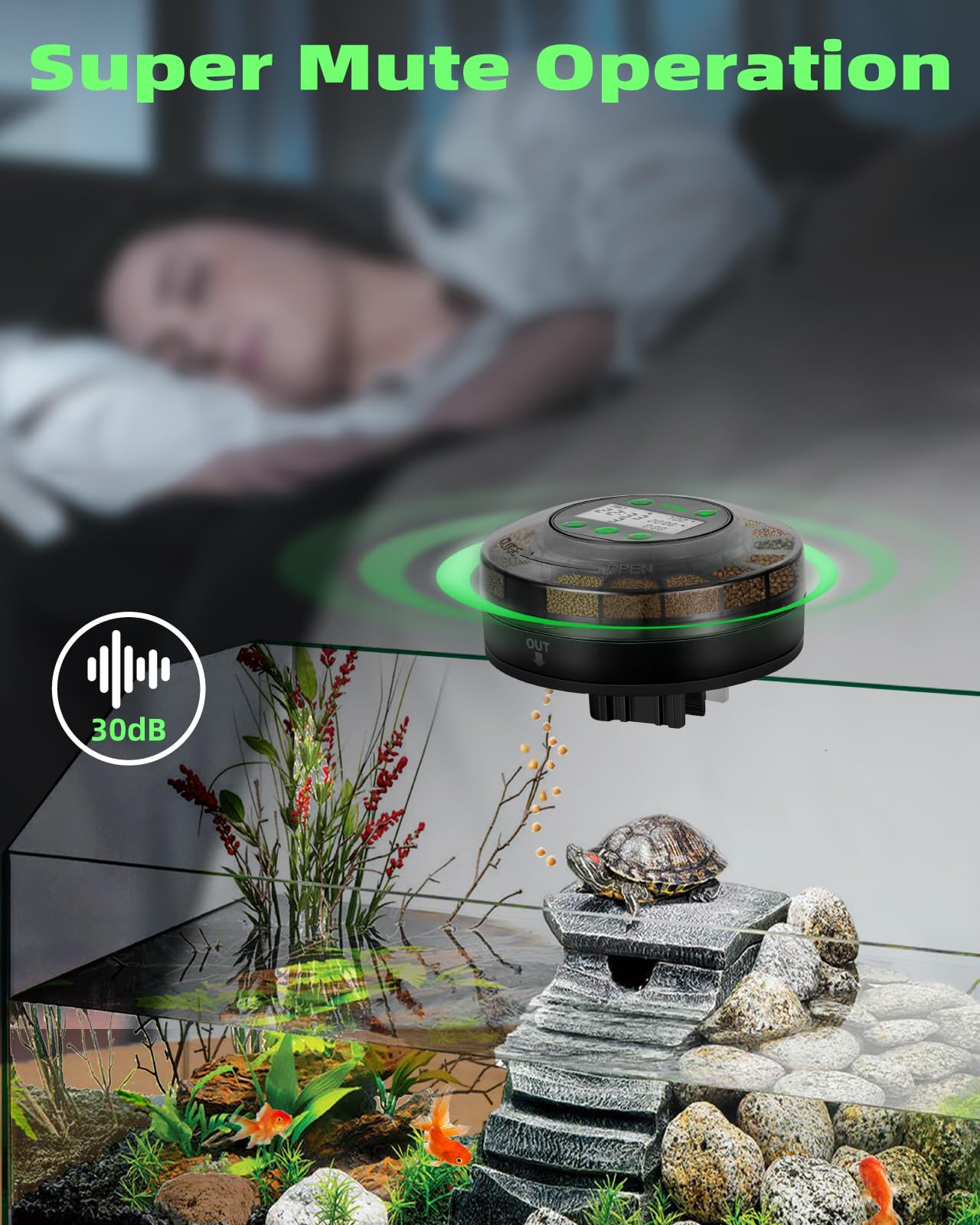 Papettly installé sur aquarium démontrant distribution automatisée fiable