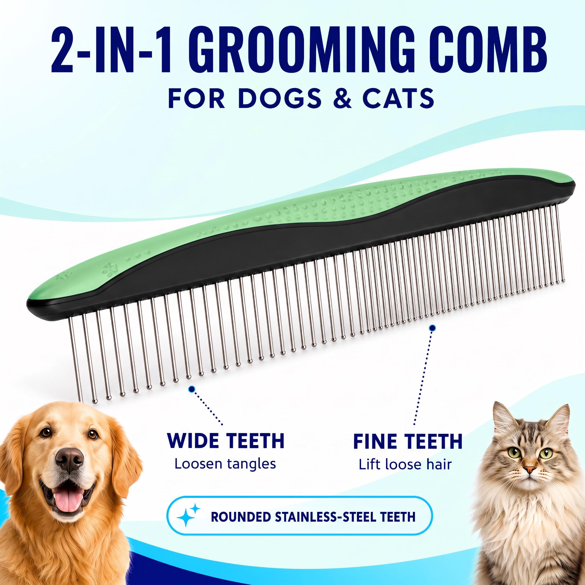 Pat Your Pet gros plan des dents 9 et 17 du râteau pour démêlage progressif