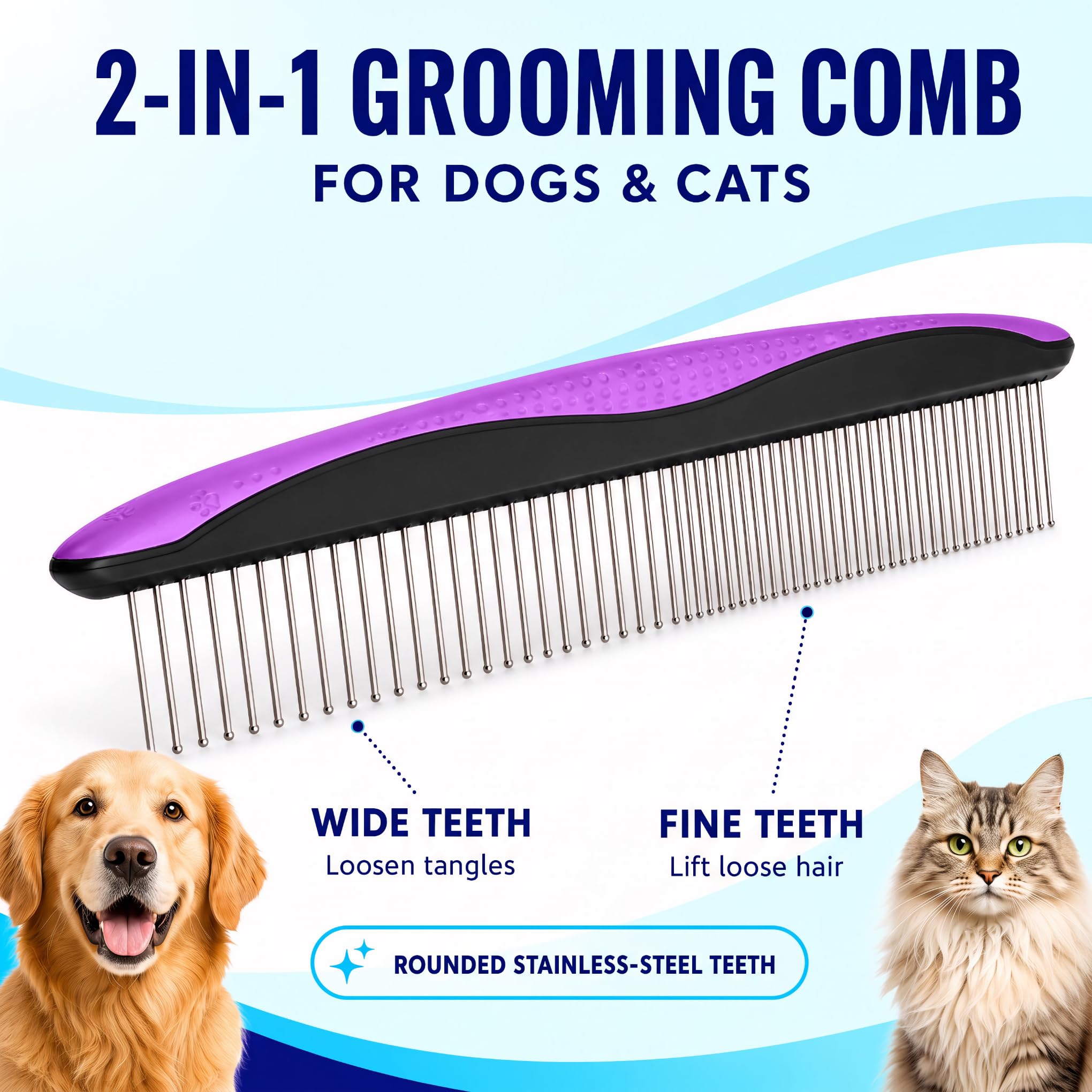 Pat Your Pet peigne inox gros plan pour finitions sans tiraillement