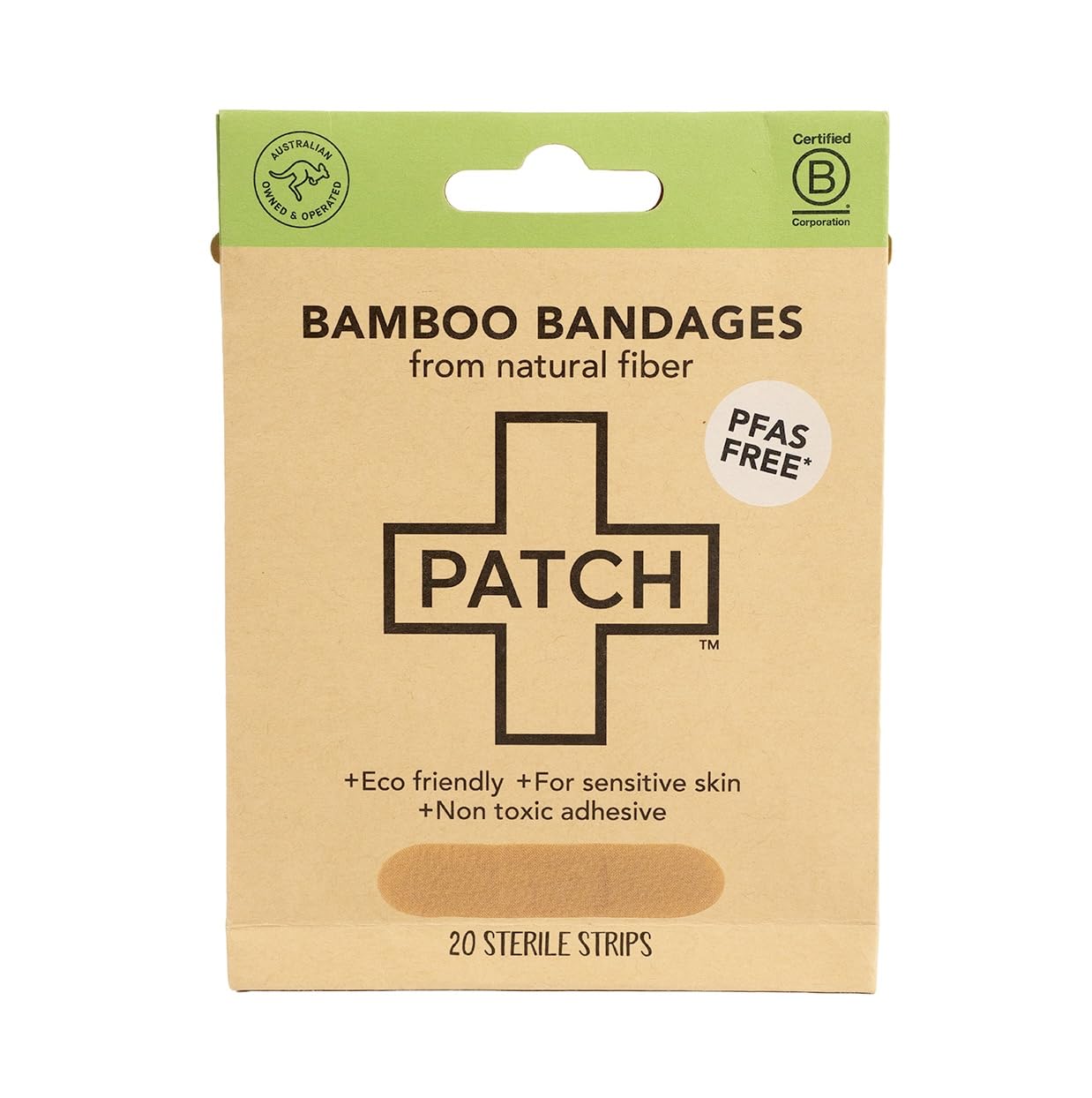 PATCH emballage avant montrant pansements bambou, protection naturelle