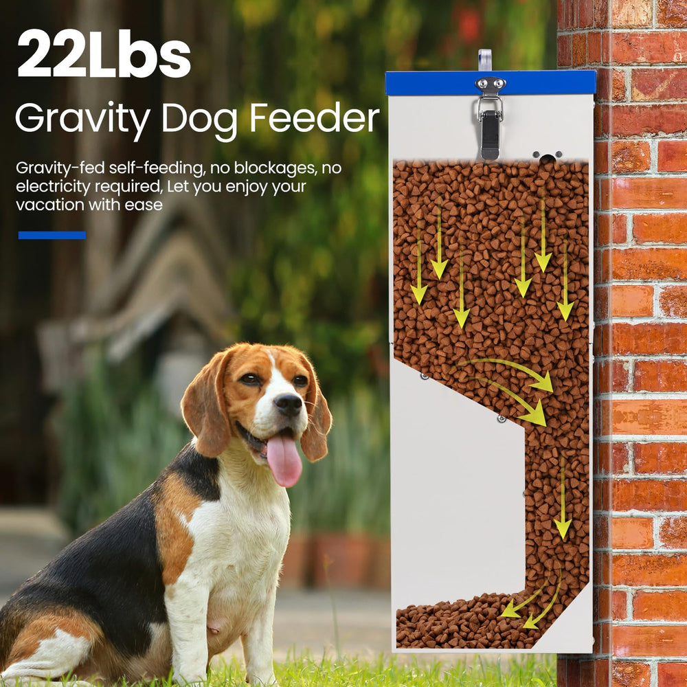PAUQRWIE distributeur en usage avec chien accédant confortablement aux croquettes