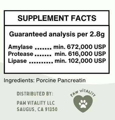 Paw Vitality poudre Pancreatin 10X ajoutée sur nourriture de chat, absorption améliorée