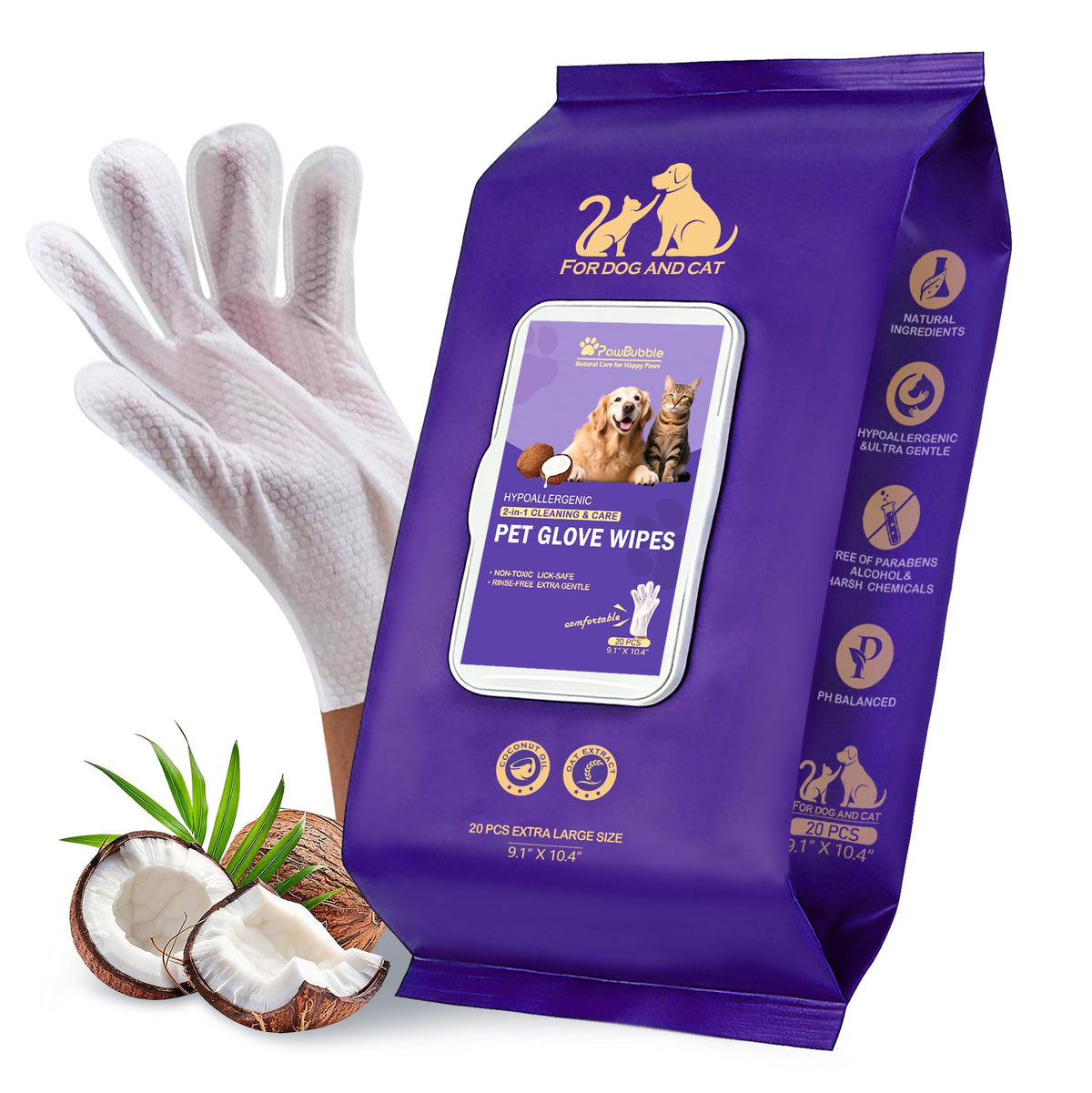 PawBubble emballage avant montrant 20 lingettes et bénéfice praticité