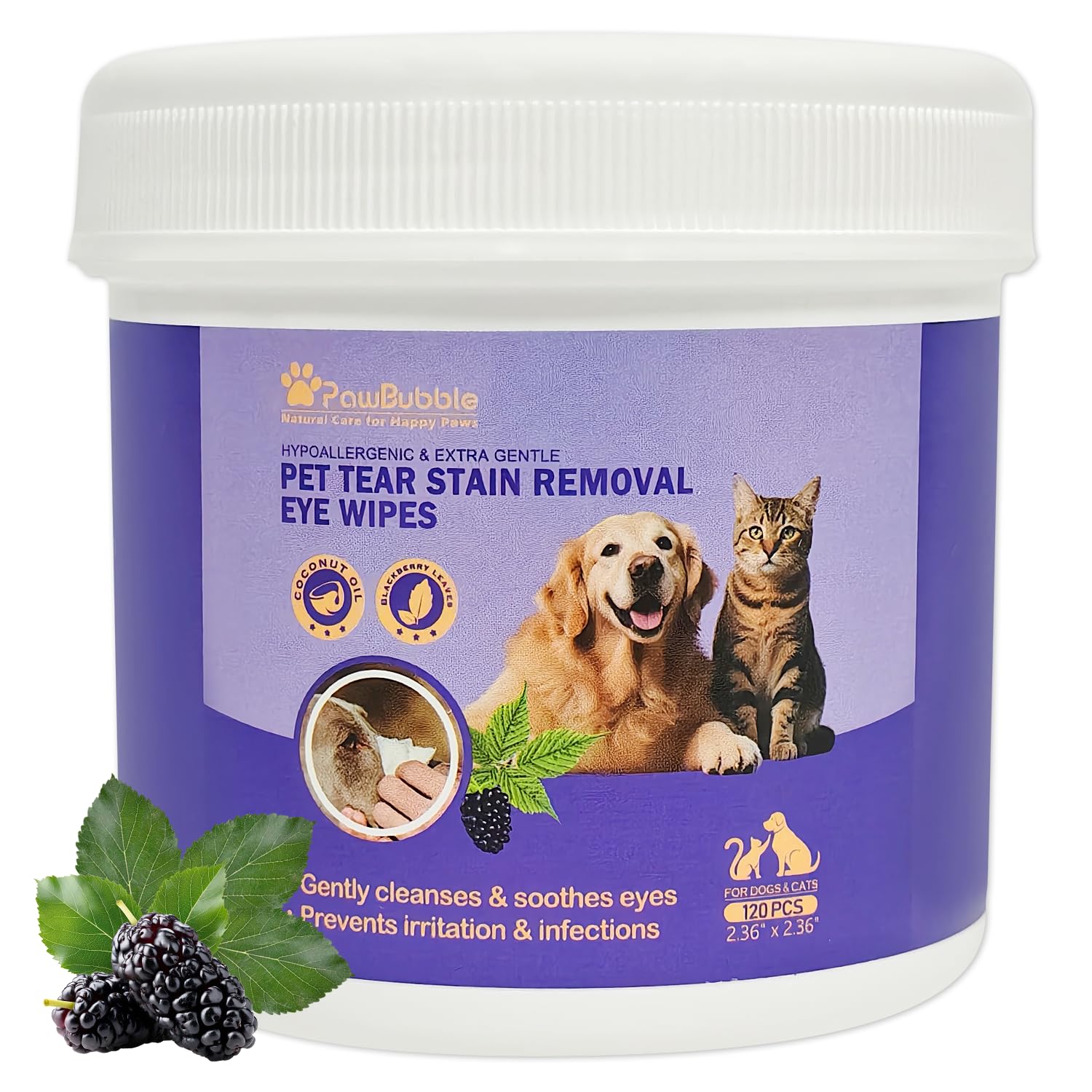 PawBubble emballage avant montrant 120 lingettes et avantages pour nettoyage