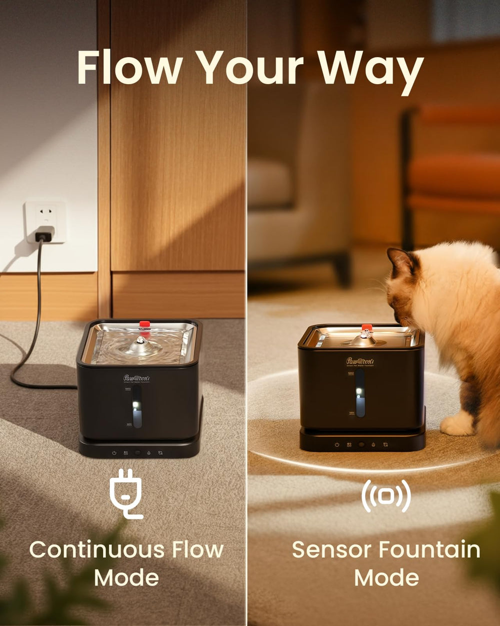 Pawccoli fontaine en usage avec chat, encourage l'hydratation régulière