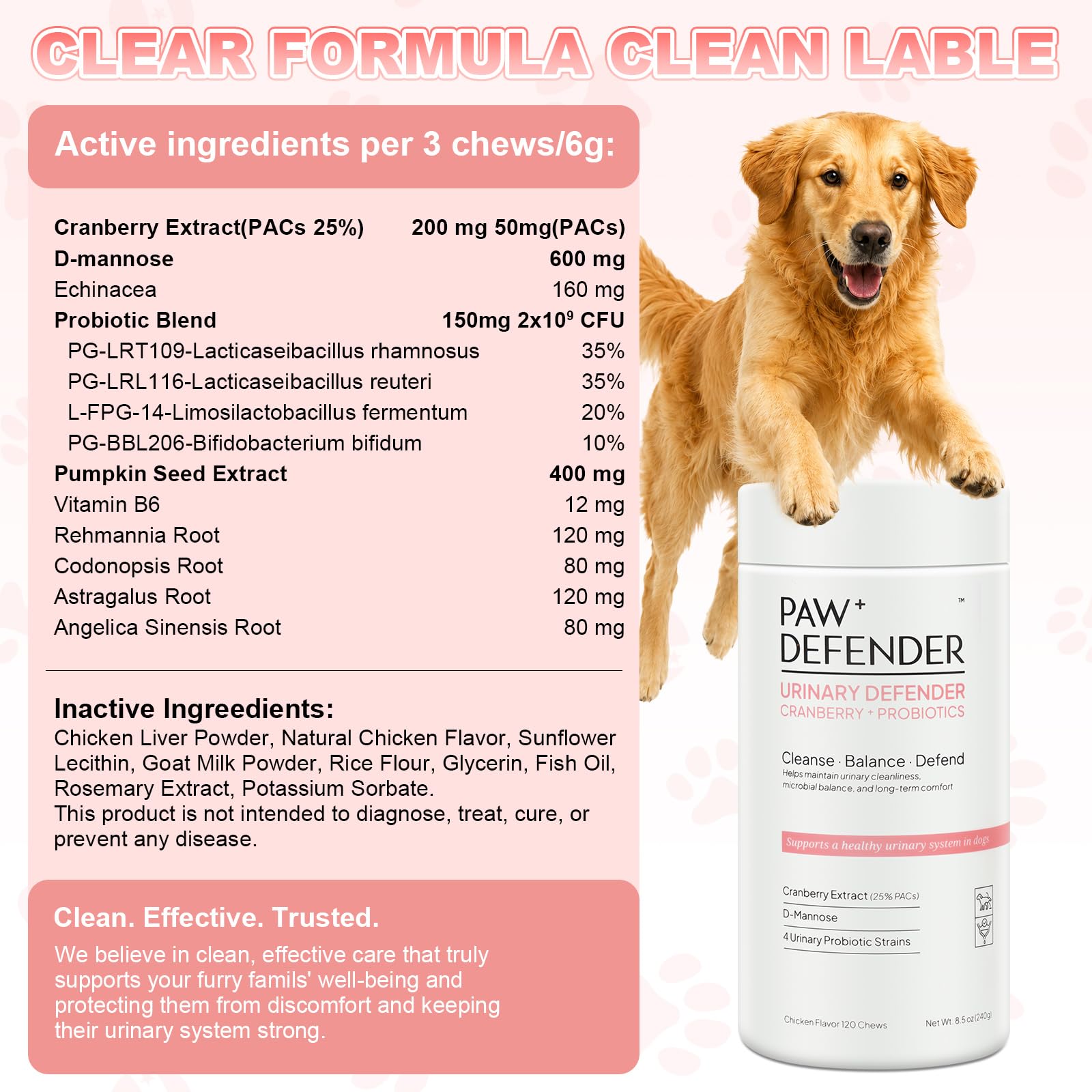PAWDEFENDER étiquette ingrédients montrant D‑mannose et 25% PACs