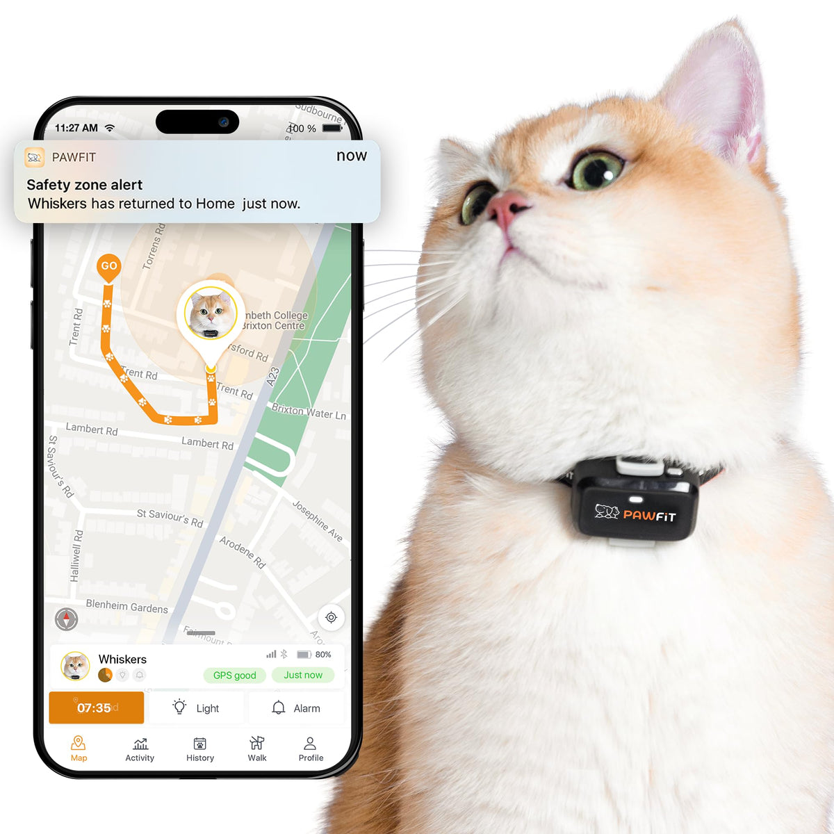 Pawfit packaging avant montrant le traceur et bénéfice sécurité immédiate