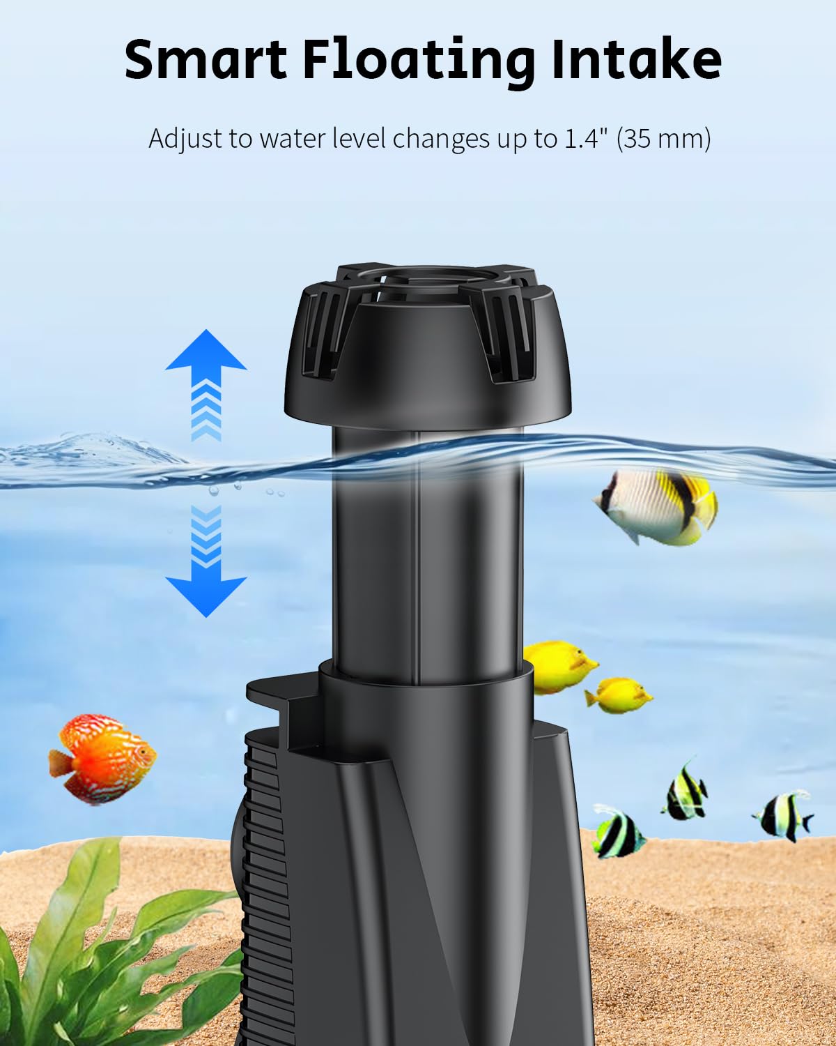 Pawfly en fonctionnement dans aquarium, surface claire et circulation visible