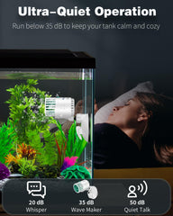 Pawfly en usage dans aquarium montrant brassage intégré et poissons actifs