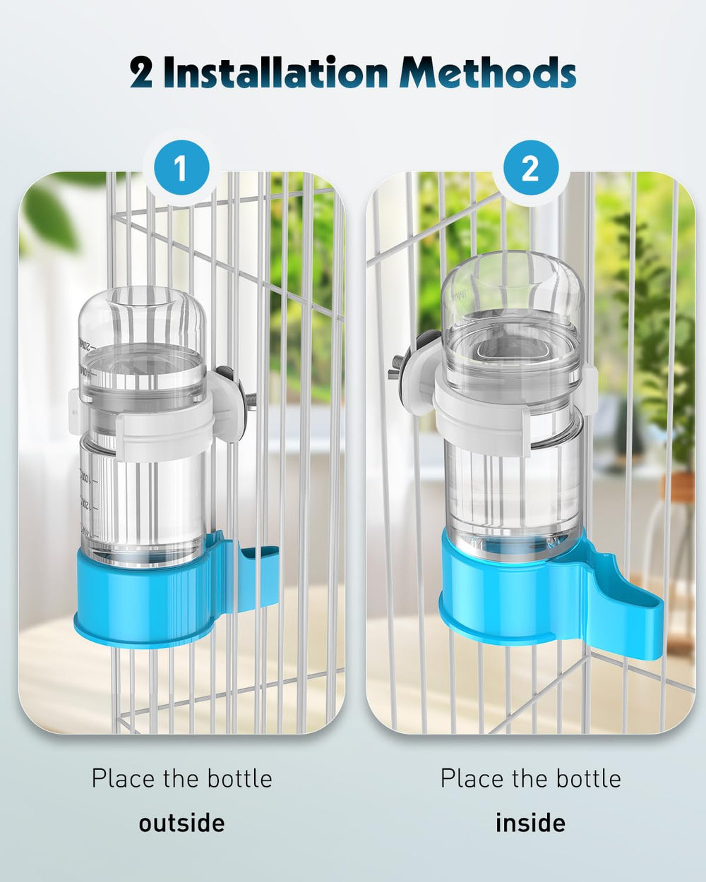 Pawfly en usage fixé dans une cage avec perruche buvant confortablement